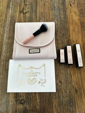 Gucci Pink Cosmetic Pouch Set with Brush and Lip Products and Gucci card-6items